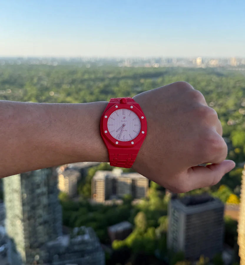 Red Ceramic Link Strap & Case — for AP × Swatch Royal Pop (Crown at 12)