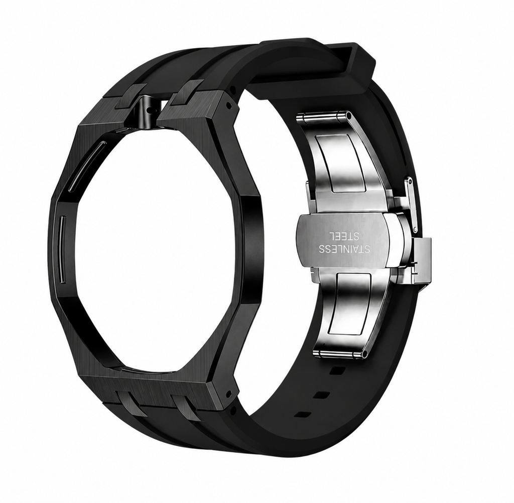 All Black Steel Case & Rubber Strap — for AP × Swatch Royal Pop (Crown at 12)