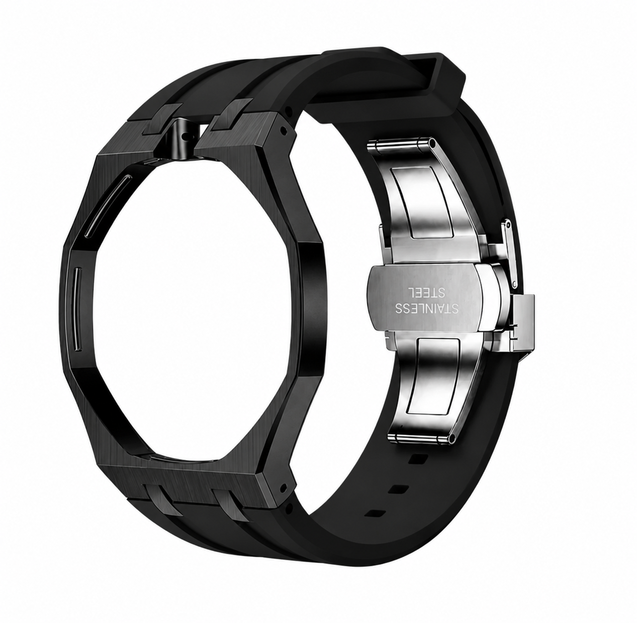 All Black Steel Case & Rubber Strap — for AP × Swatch Royal Pop (Crown at 12)