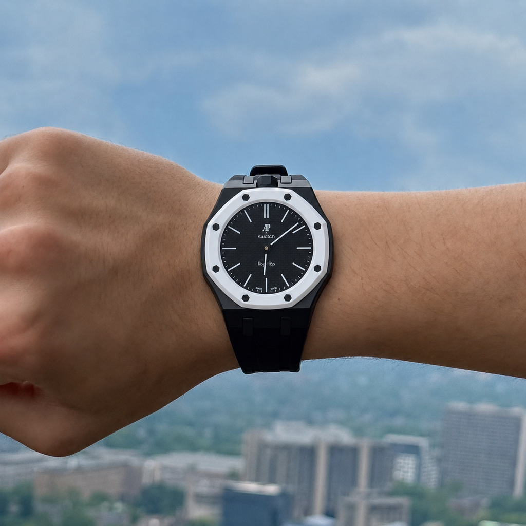 Black Sport Rubber Strap & Case — for AP × Swatch Royal Pop (Crown at 12)