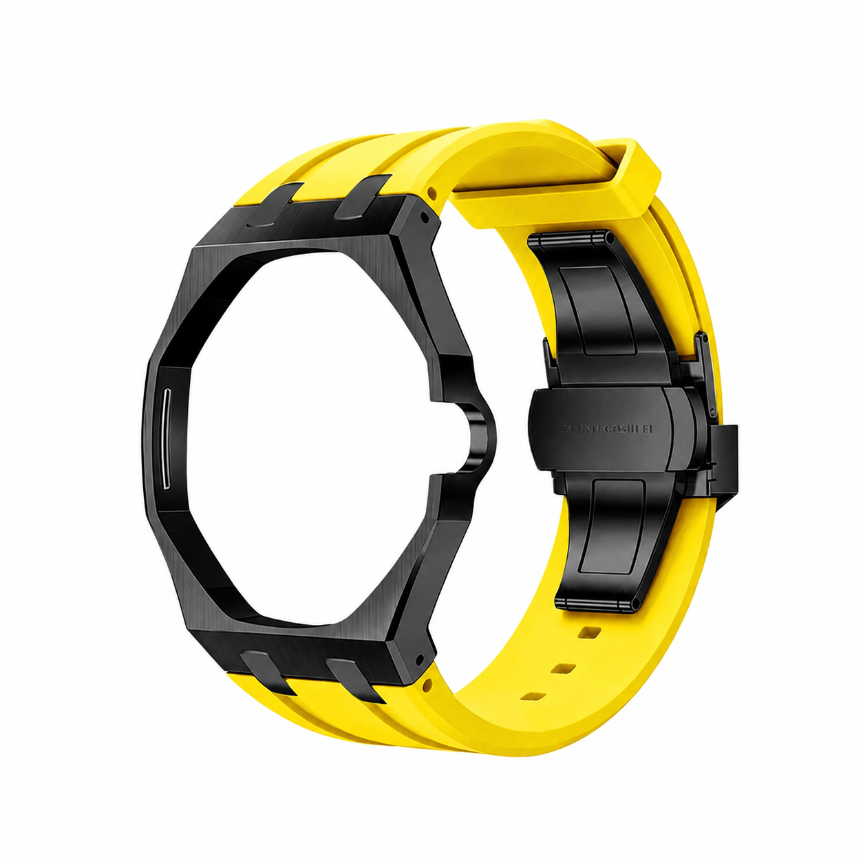 Black Steel Case & Yellow Rubber Strap — for AP × Swatch Royal Pop (Crown at 3)