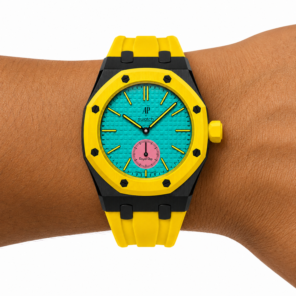 Black Steel Case & Yellow Rubber Strap — for AP × Swatch Royal Pop (Crown at 3)