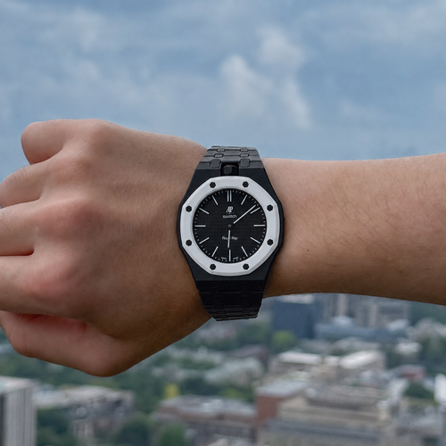 Black Ceramic Link Strap & Case — for AP × Swatch Royal Pop (Crown at 12)