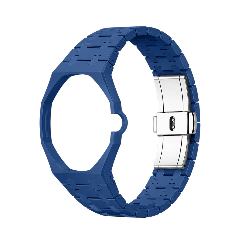 Correa y caja de eslabones de cerámica azul oscuro — para AP × Swatch Royal Pop (corona a las 3)