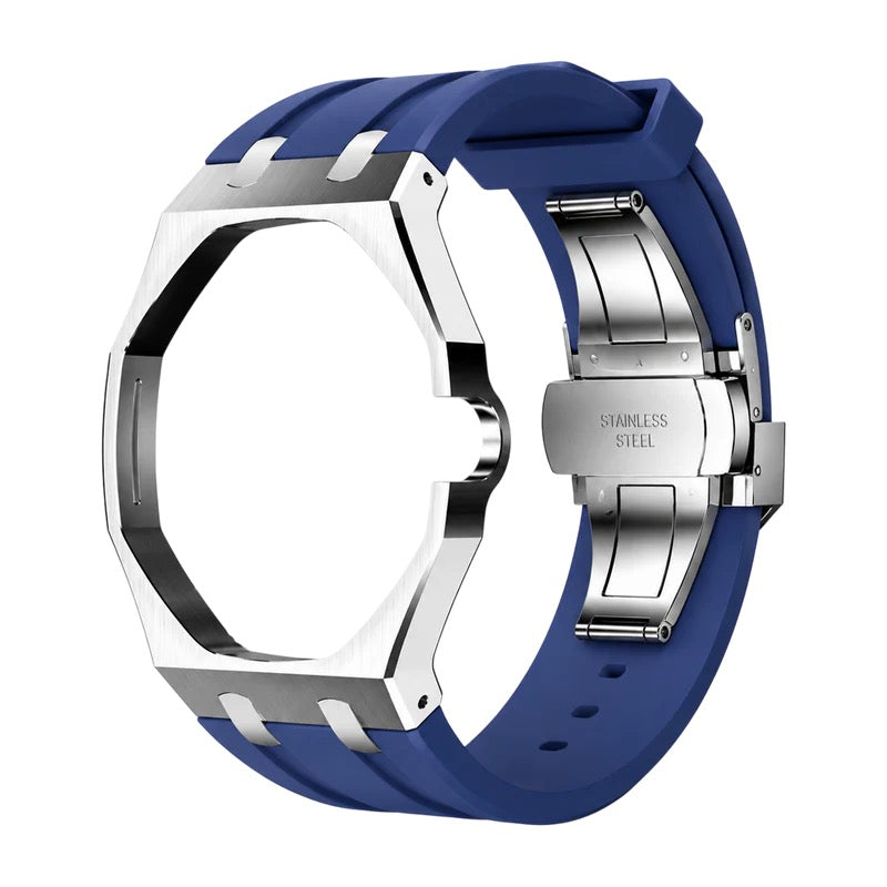 Dark Blue Steel Case & Rubber Strap — for AP × Swatch Royal Pop (Crown at 3)
