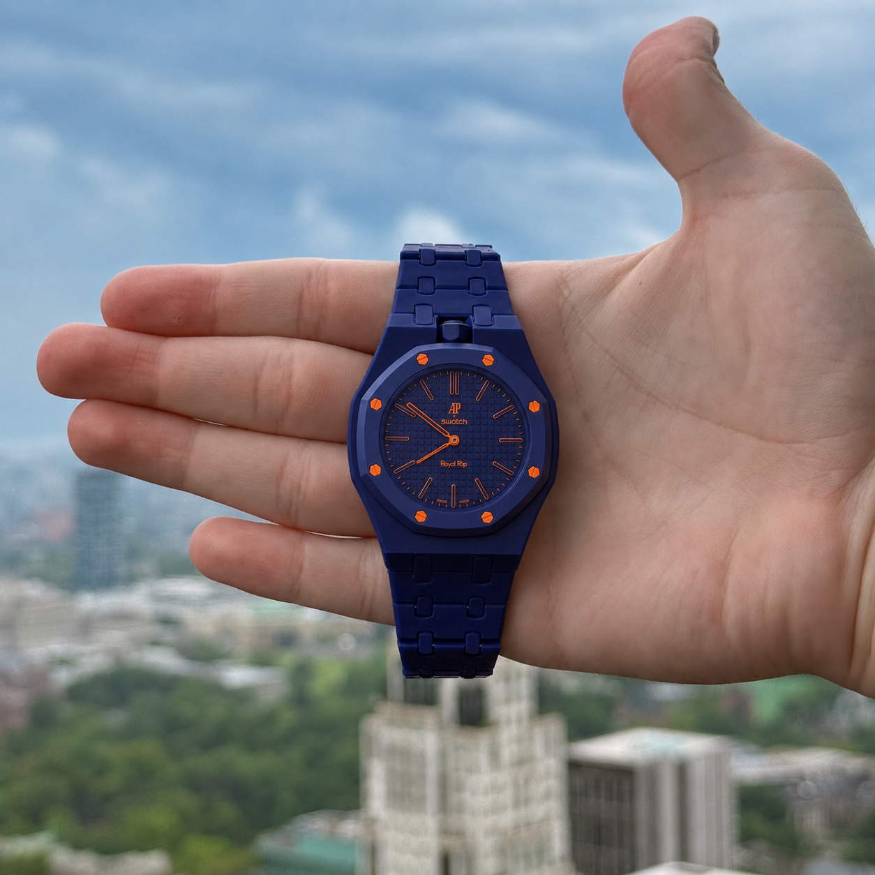 Navy Ceramic Link Strap & Case — for AP × Swatch Royal Pop (Crown at 12)