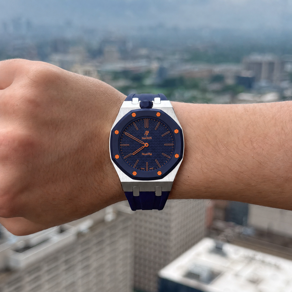 Navy Steel Case & Rubber Strap — for AP × Swatch Royal Pop (Crown at 12)