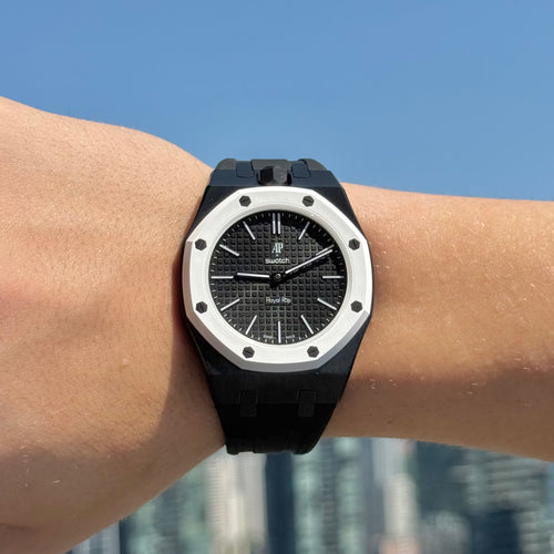 All Black Steel Case & Rubber Strap — for AP × Swatch Royal Pop (Crown at 12)