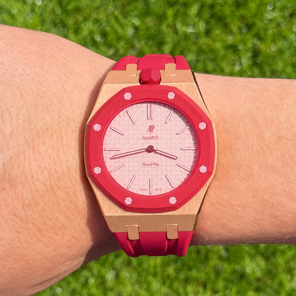 Rose Gold Steel Case & Red Rubber Strap — for AP × Swatch Royal Pop (Crown at 12)