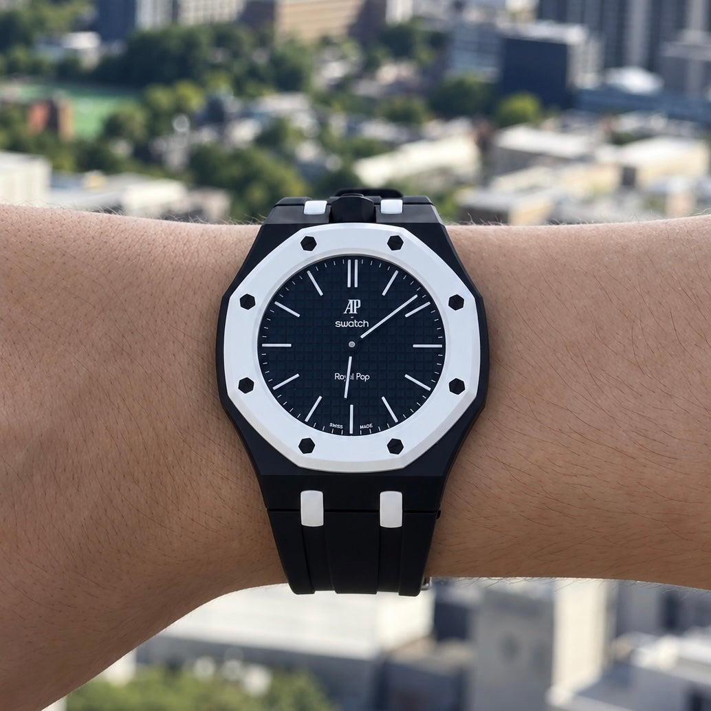 Black Sport Rubber Strap & Case — for AP × Swatch Royal Pop (Crown at 12)