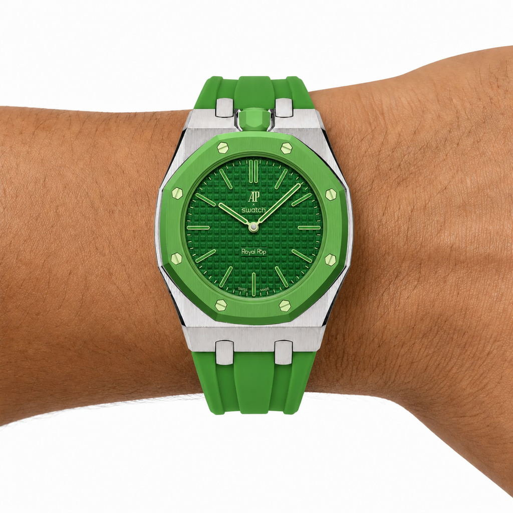 Green Steel Case & Rubber Strap — for AP × Swatch Royal Pop (Crown at 12)