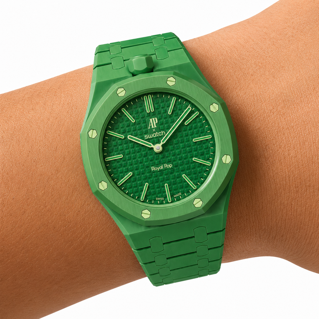 Green Ceramic Link Strap & Case — for AP × Swatch Royal Pop (Crown at 12)