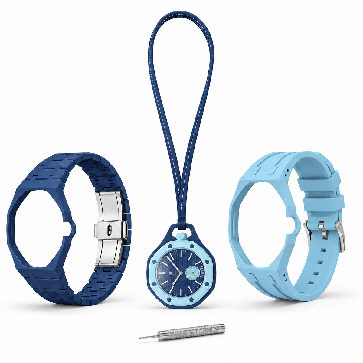 Light Blue Pop Wrist Bundle — Pocket Watch + 3 Bands + Sizing Tool