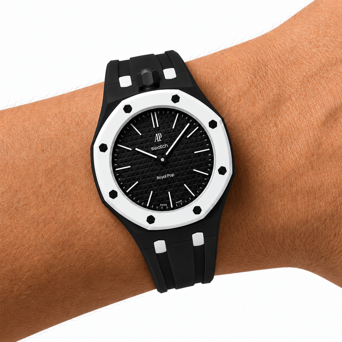 Black Sport Rubber Strap & Case — for AP × Swatch Royal Pop (Crown at 12)