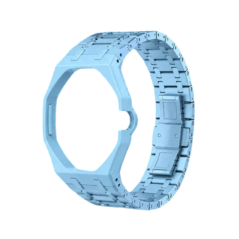 Light Blue Ceramic Link Strap & Case — for AP × Swatch Royal Pop (Crown at 3)
