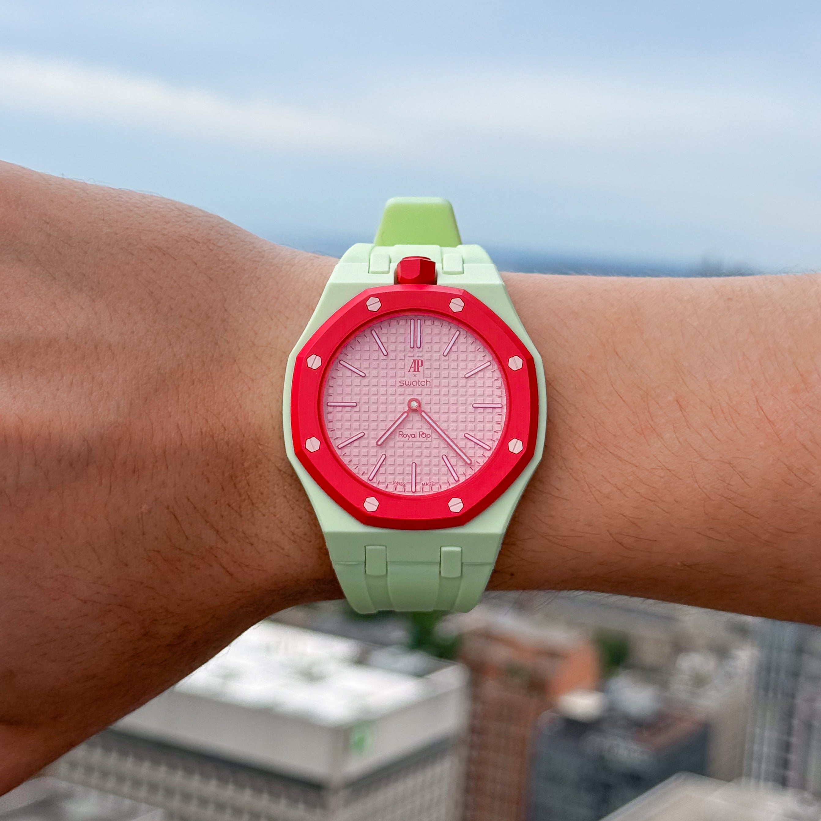 Lime Green Sport Rubber Strap & Case — for AP × Swatch Royal Pop (Crown at 12)