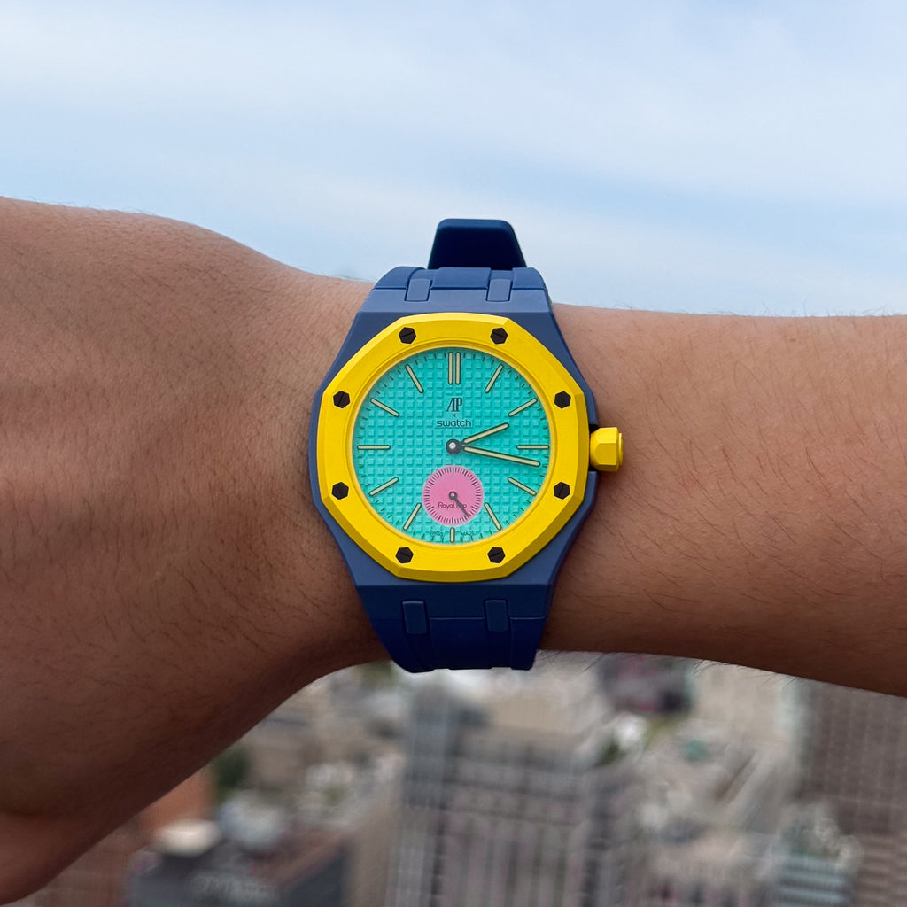 Dark Blue Sport Rubber Strap & Case — for AP × Swatch Royal Pop (Crown at 3)
