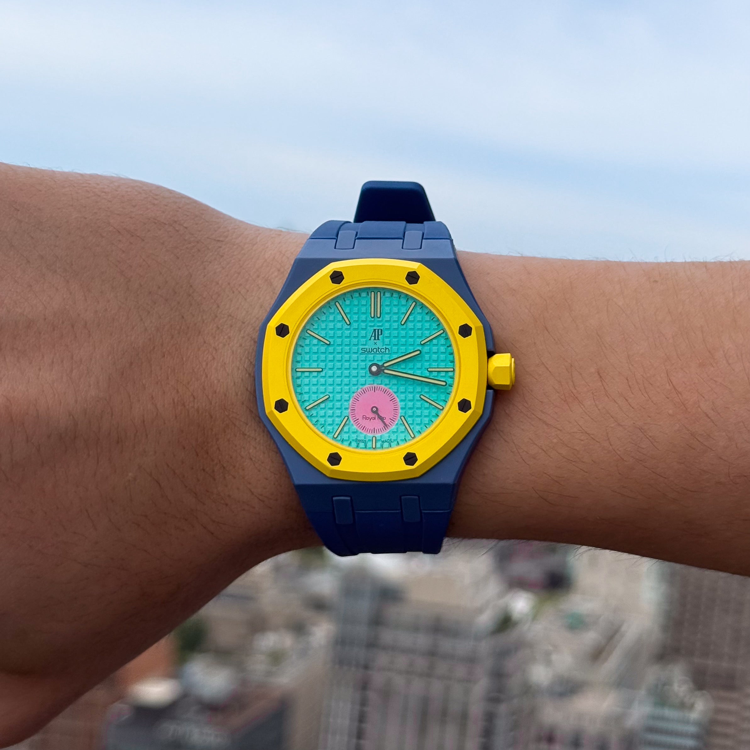 Dark Blue Sport Rubber Strap & Case — for AP × Swatch Royal Pop (Crown at 3)