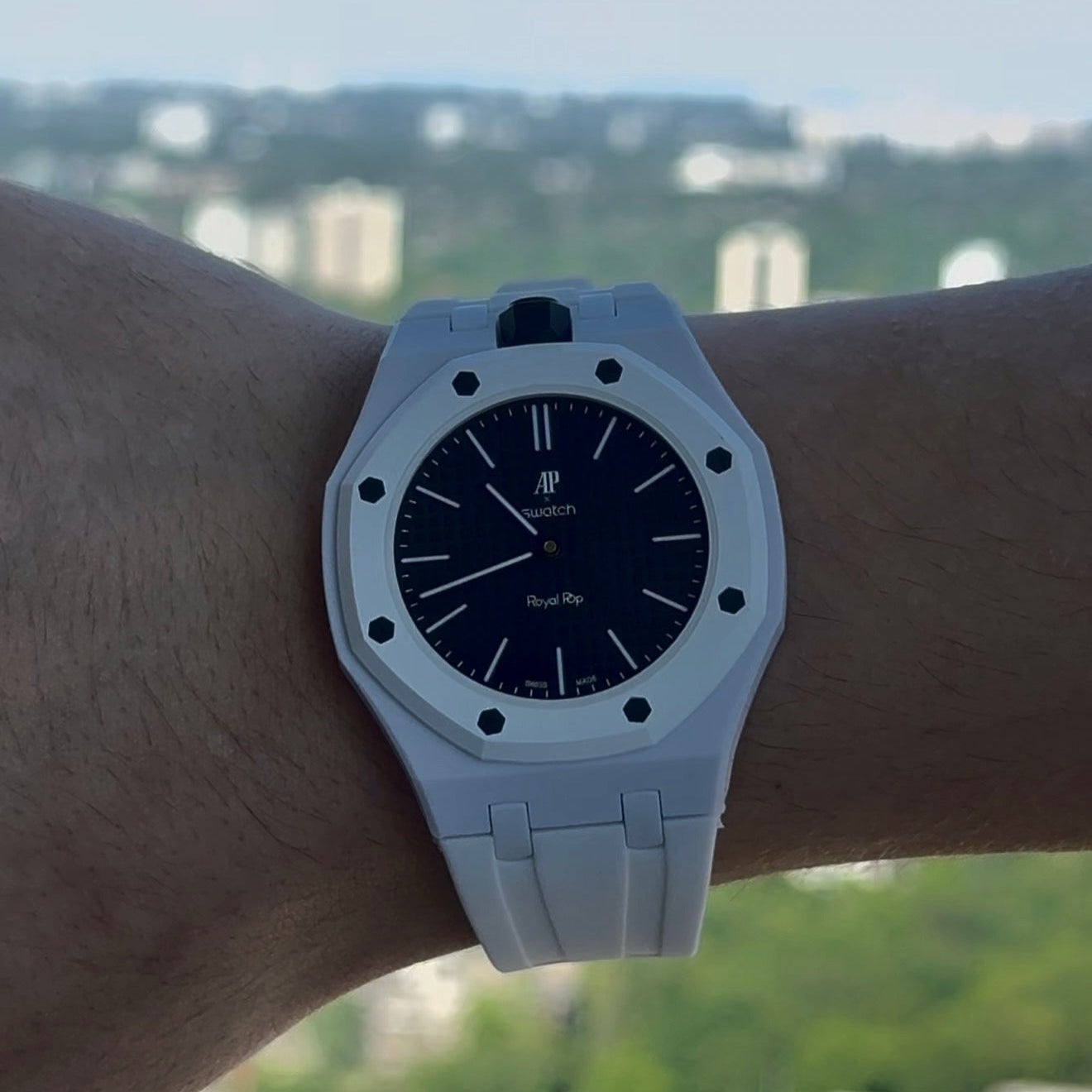 White Sport Rubber Strap & Case — for AP × Swatch Royal Pop (Crown at 12)
