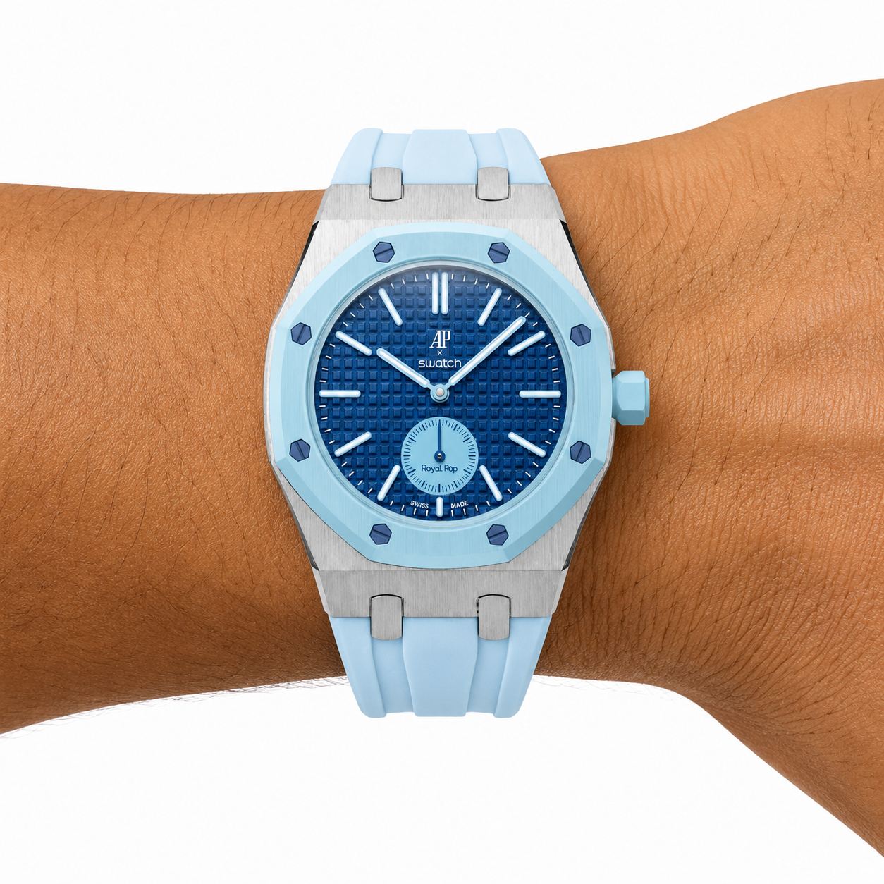 Light Blue Steel Case & Rubber Strap — for AP × Swatch Royal Pop (Crown at 3)
