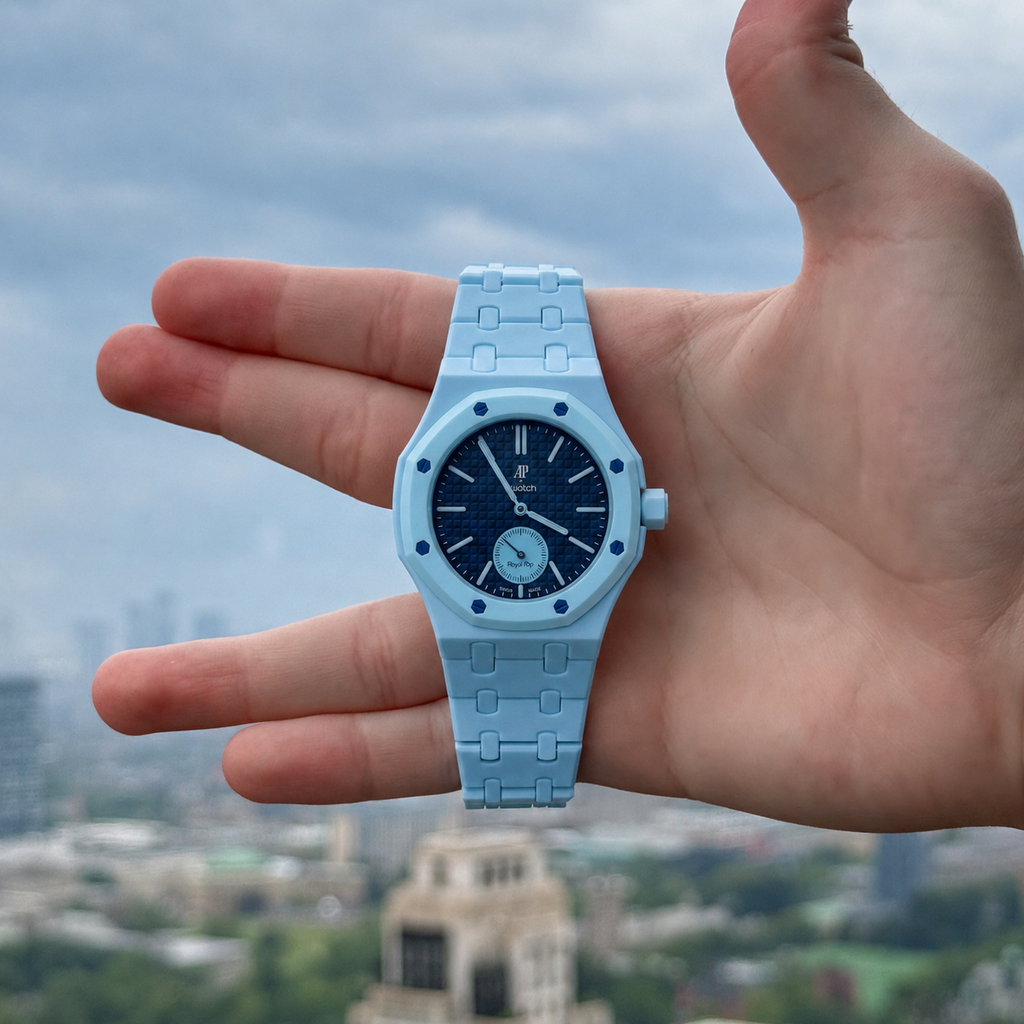 Light Blue Ceramic Link Strap & Case — for AP × Swatch Royal Pop (Crown at 3)