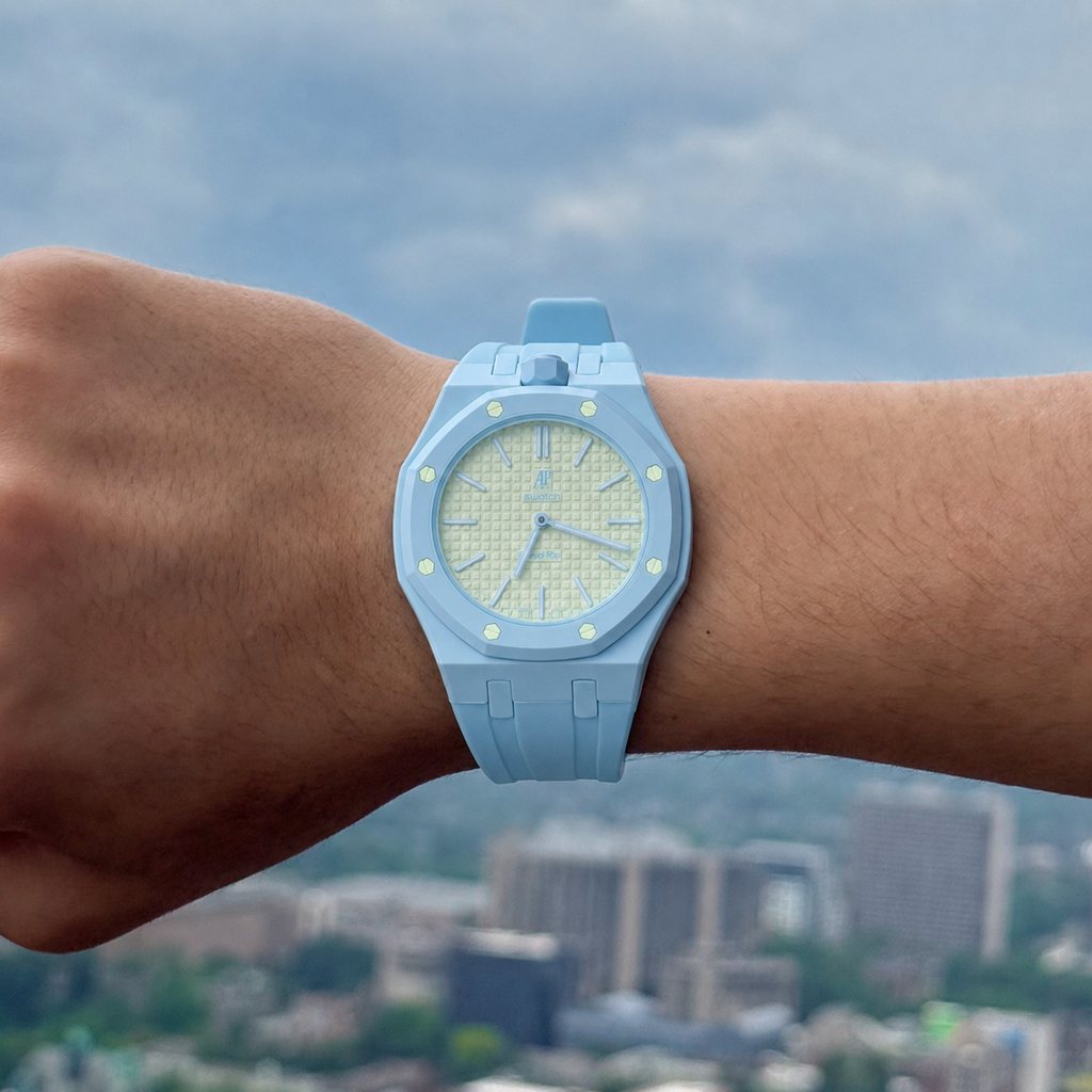Light Blue Sport Rubber Strap & Case — for AP × Swatch Royal Pop (Crown at 12)