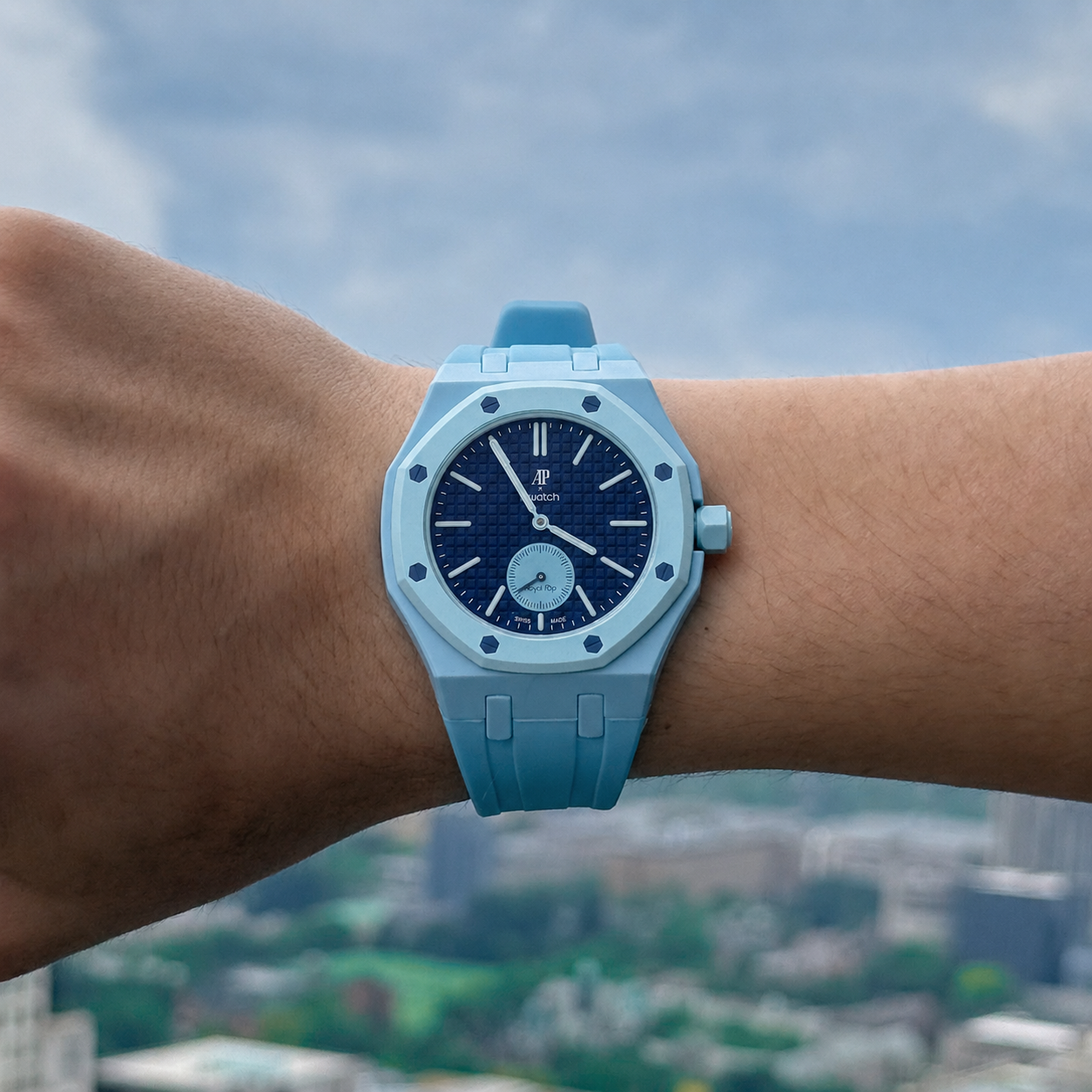 Light Blue Sport Rubber Strap & Case — for AP × Swatch Royal Pop (Crown at 3)