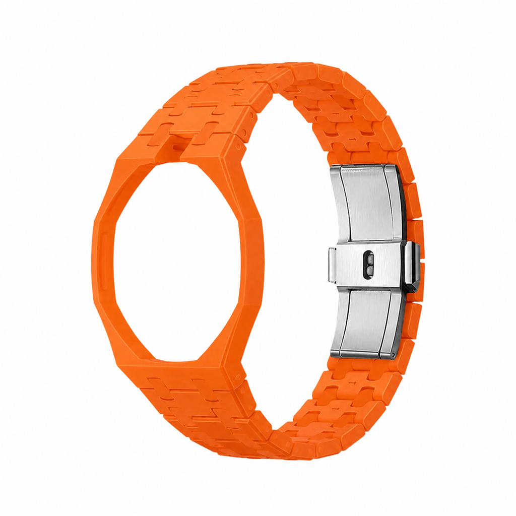 Orange Ceramic Link Strap & Case — for AP × Swatch Royal Pop (Crown at 12)