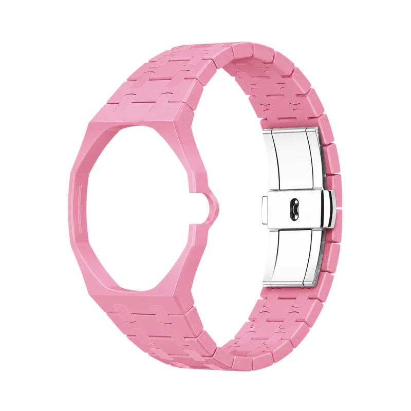 Correa y caja de eslabones de cerámica rosa — para AP × Swatch Royal Pop (Corona a las 3)