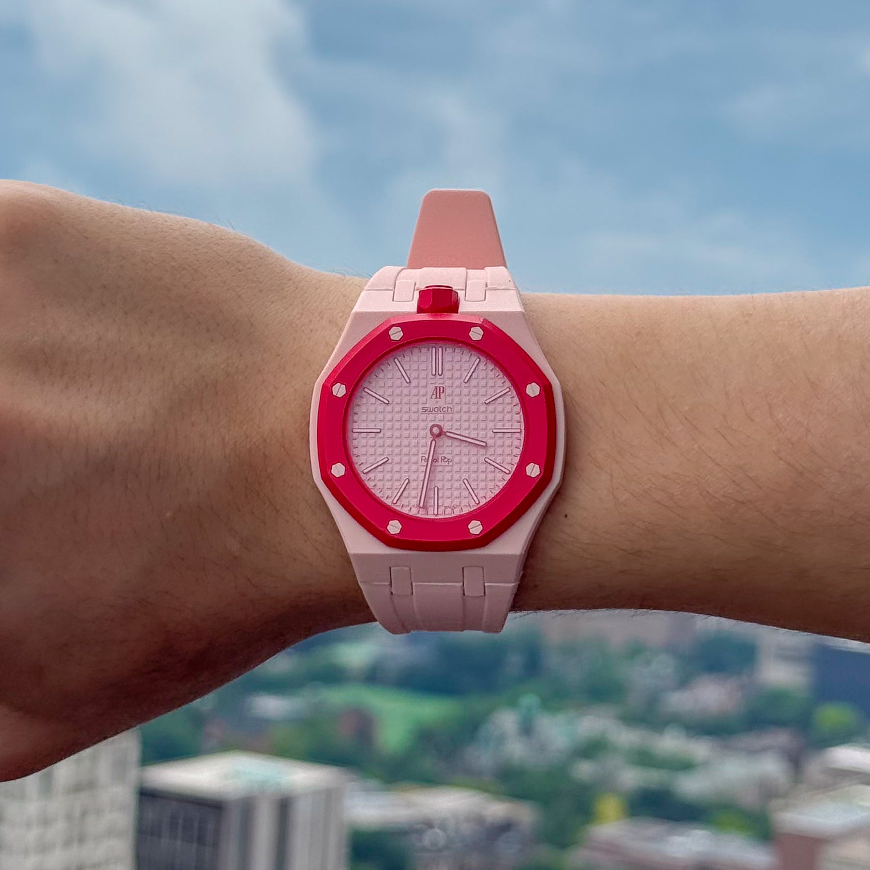 Light Pink Sport Rubber Strap & Case — for AP × Swatch Royal Pop (Crown at 12)