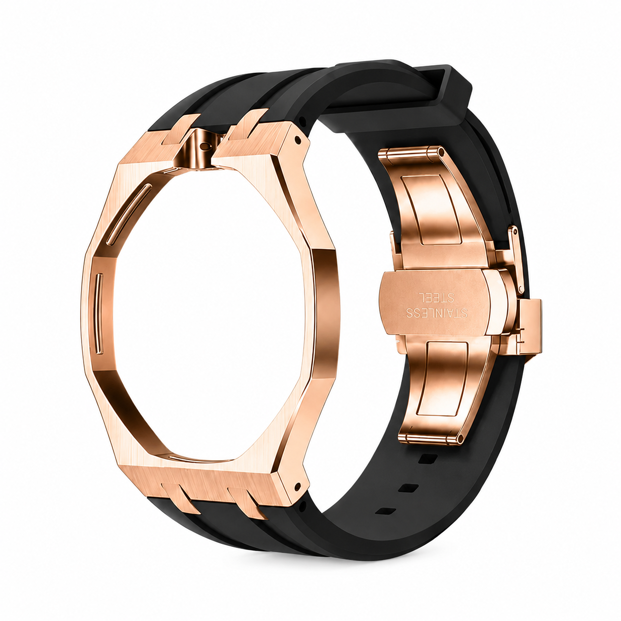 Rose Gold Steel Case & Black Rubber Strap — for AP × Swatch Royal Pop (Crown at 12)