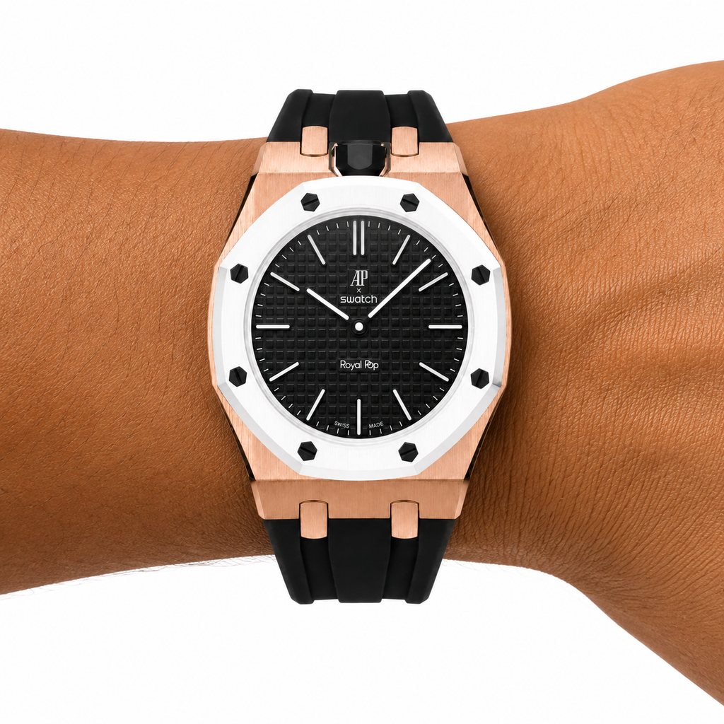 Rose Gold Steel Case & Black Rubber Strap — for AP × Swatch Royal Pop (Crown at 12)