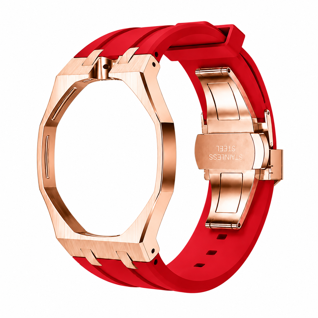 Rose Gold Steel Case & Red Rubber Strap — for AP × Swatch Royal Pop (Crown at 12)
