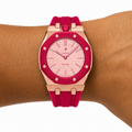 Rose Gold Steel Case & Red Rubber Strap — for AP × Swatch Royal Pop (Crown at 12)