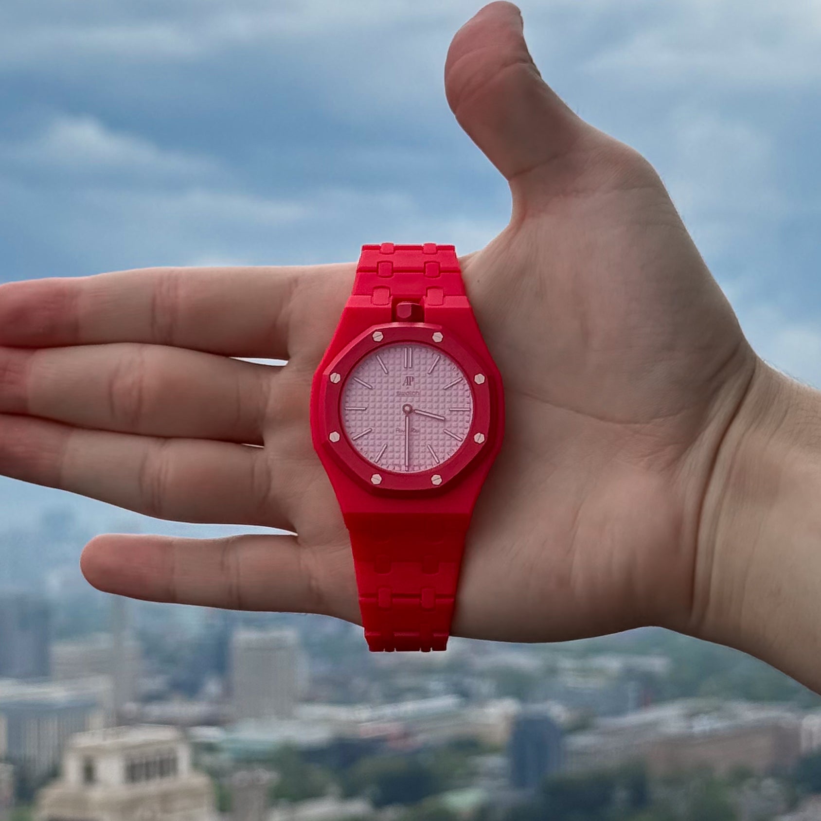 Red Ceramic Link Strap & Case — for AP × Swatch Royal Pop (Crown at 12)