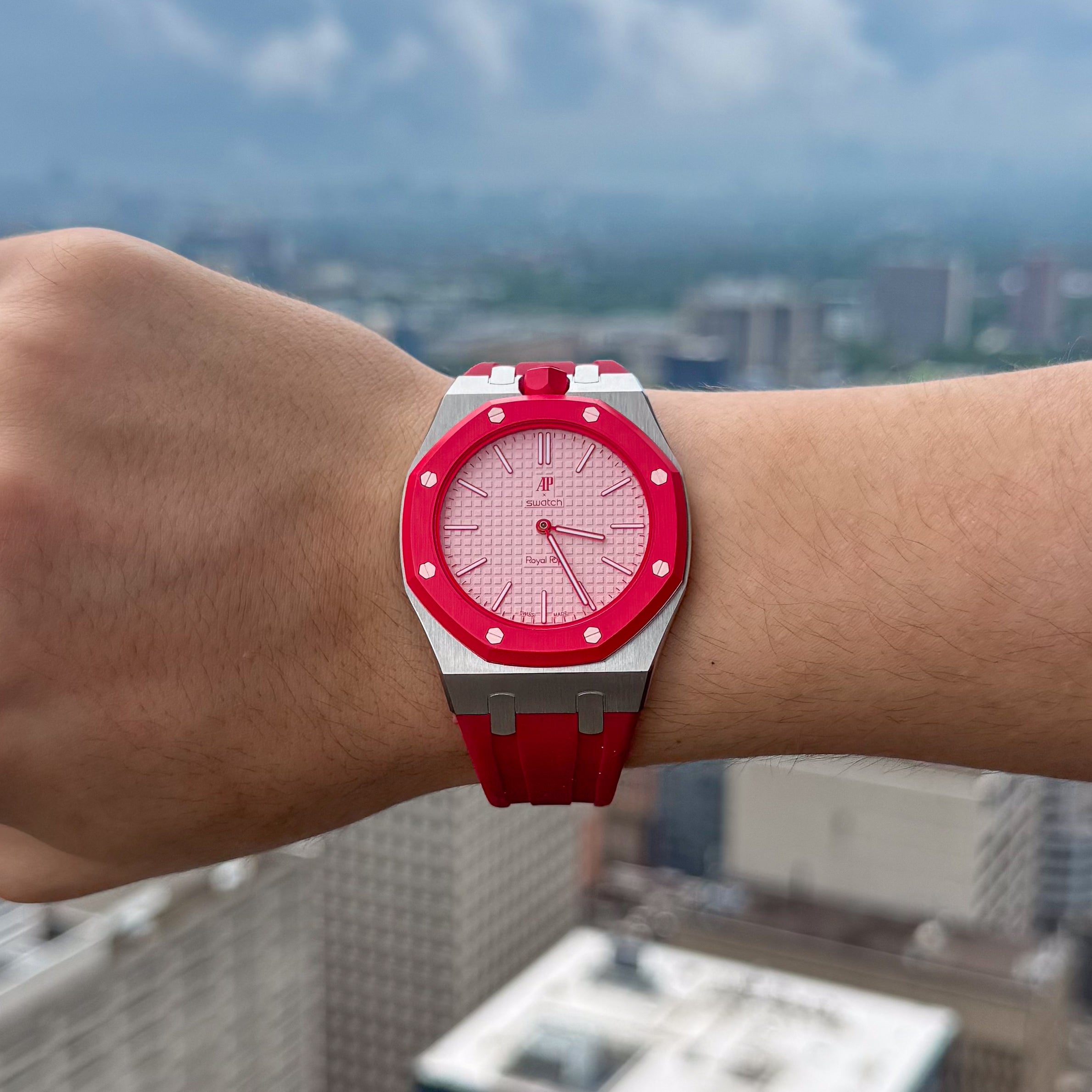 Red Steel Case & Rubber Strap — for AP × Swatch Royal Pop (Crown at 12)
