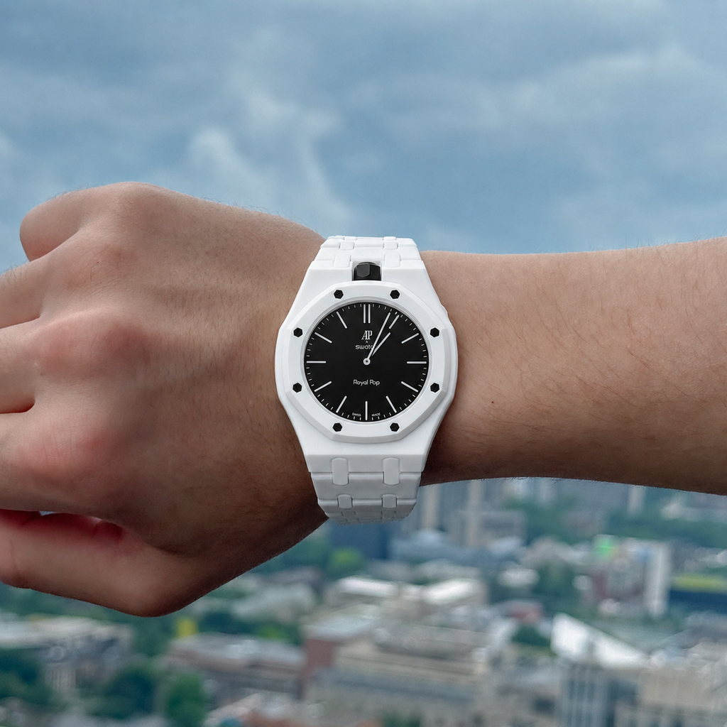 White Ceramic Link Strap & Case — for AP × Swatch Royal Pop (Crown at 12)