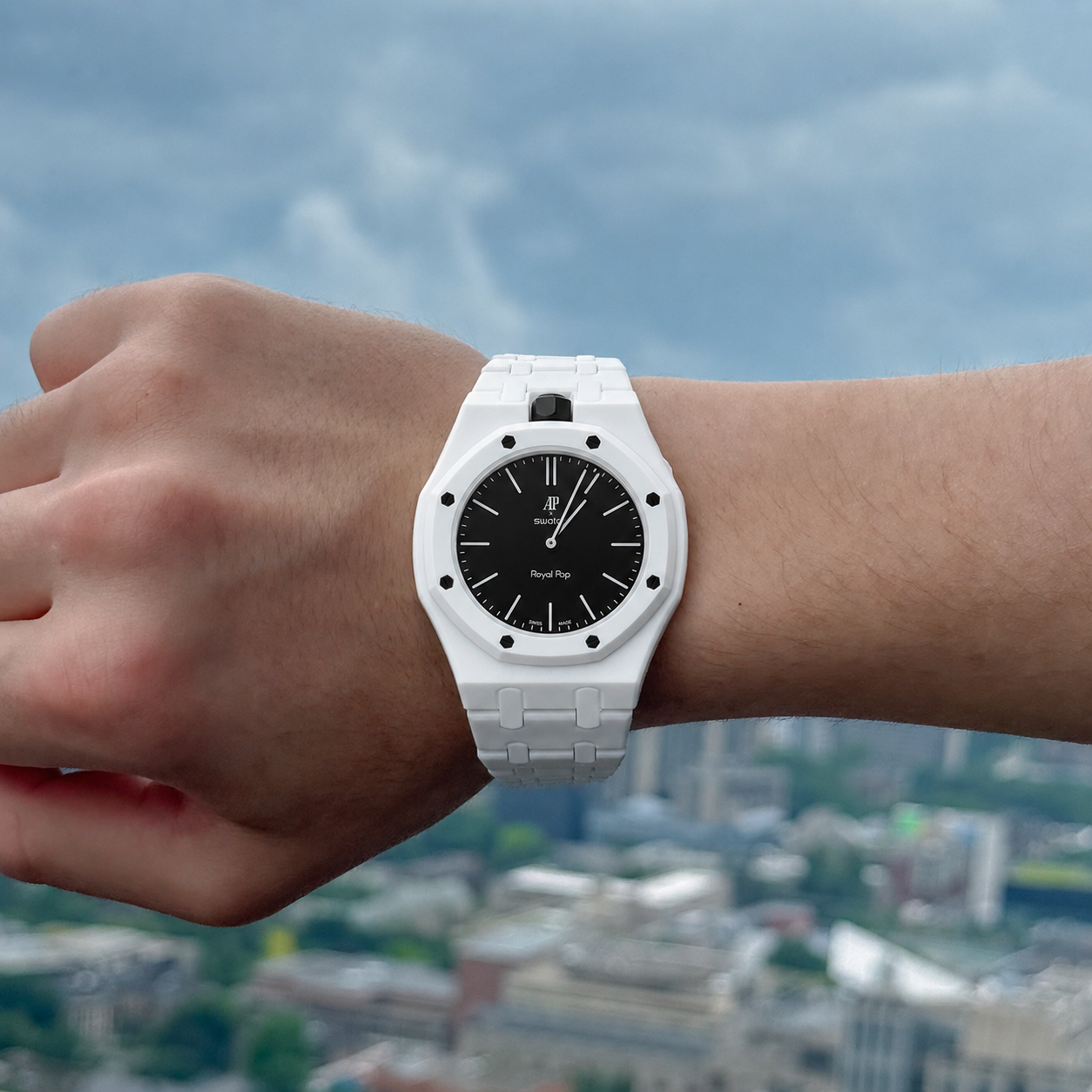 White Ceramic Link Strap & Case — for AP × Swatch Royal Pop (Crown at 12)