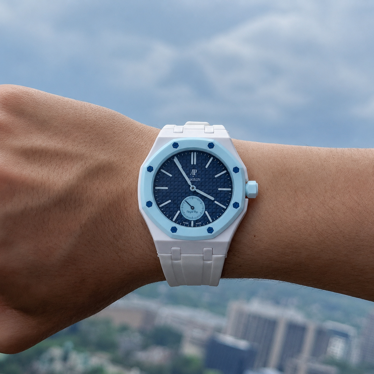 White Sport Rubber Strap & Case — for AP × Swatch Royal Pop (Crown at 3)