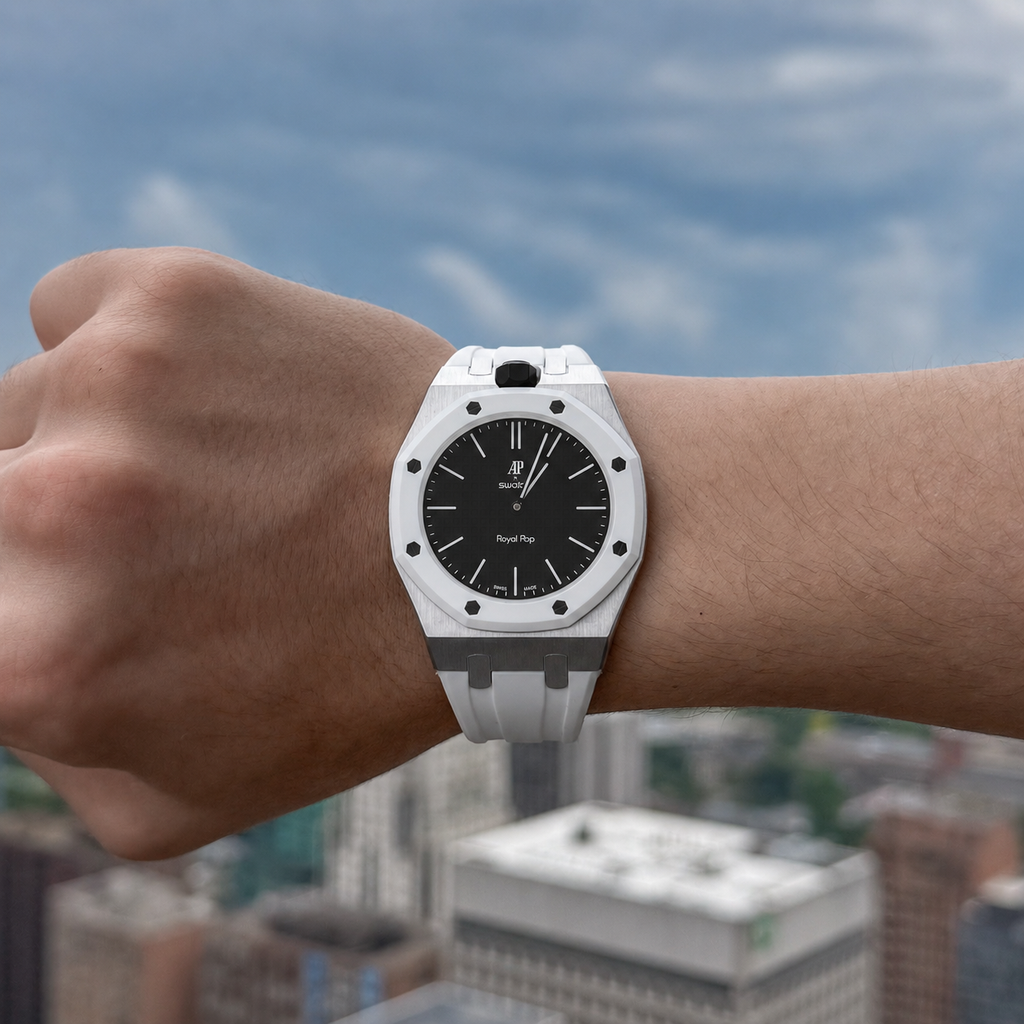 White Steel Case & Rubber Strap — for AP × Swatch Royal Pop (Crown at 12)