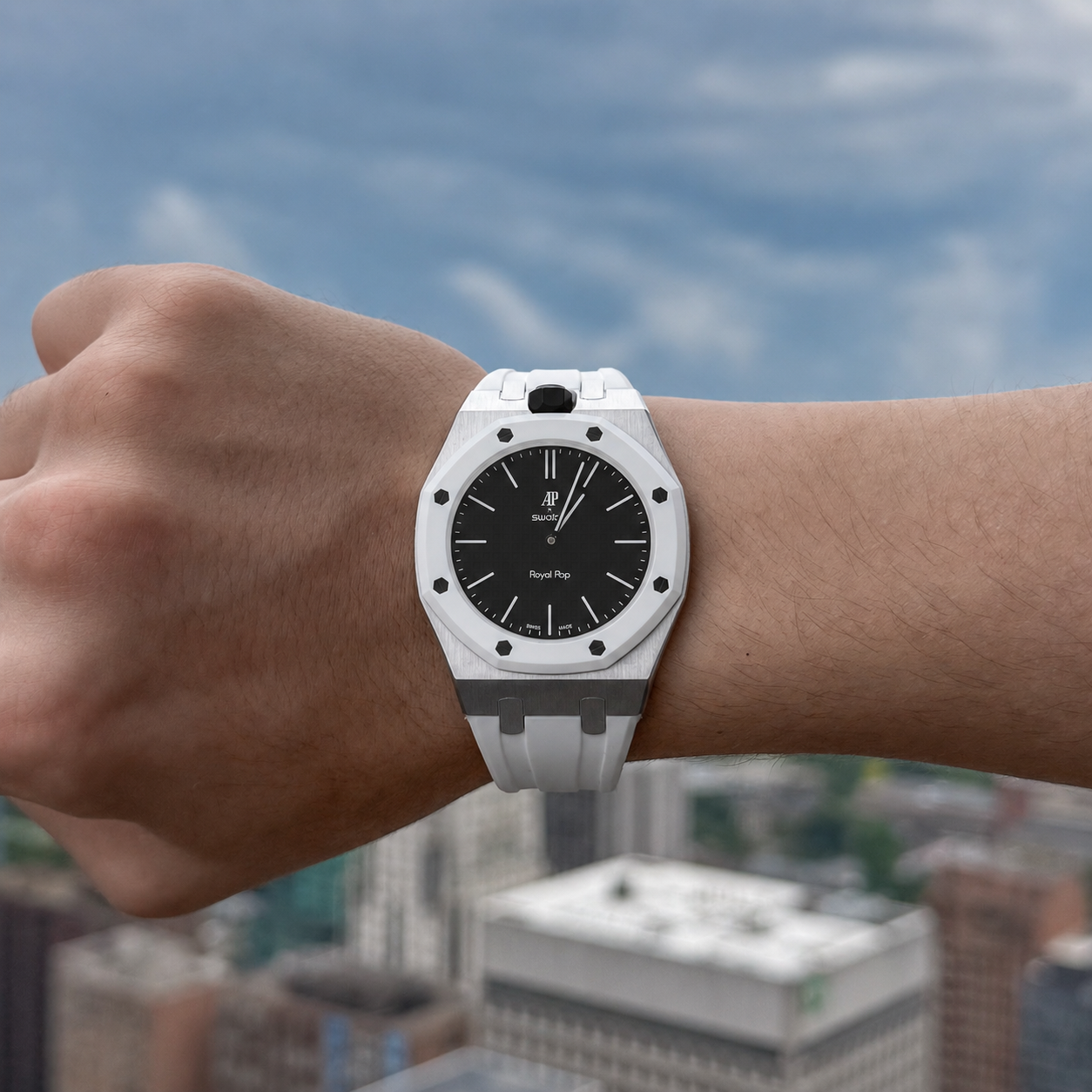 White Steel Case & Rubber Strap — for AP × Swatch Royal Pop (Crown at 12)