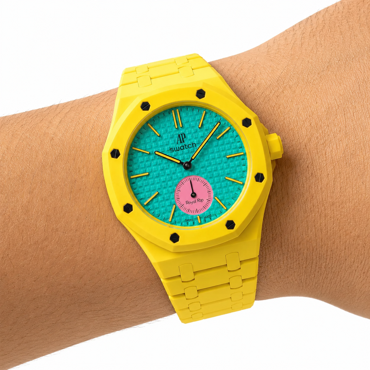 Yellow Ceramic Link Strap & Case — for AP × Swatch Royal Pop (Crown at 3)
