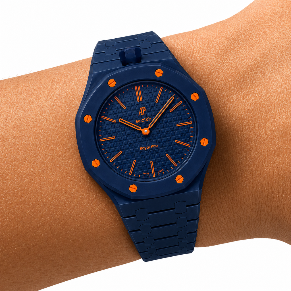 Navy Ceramic Link Strap & Case — for AP × Swatch Royal Pop (Crown at 12)