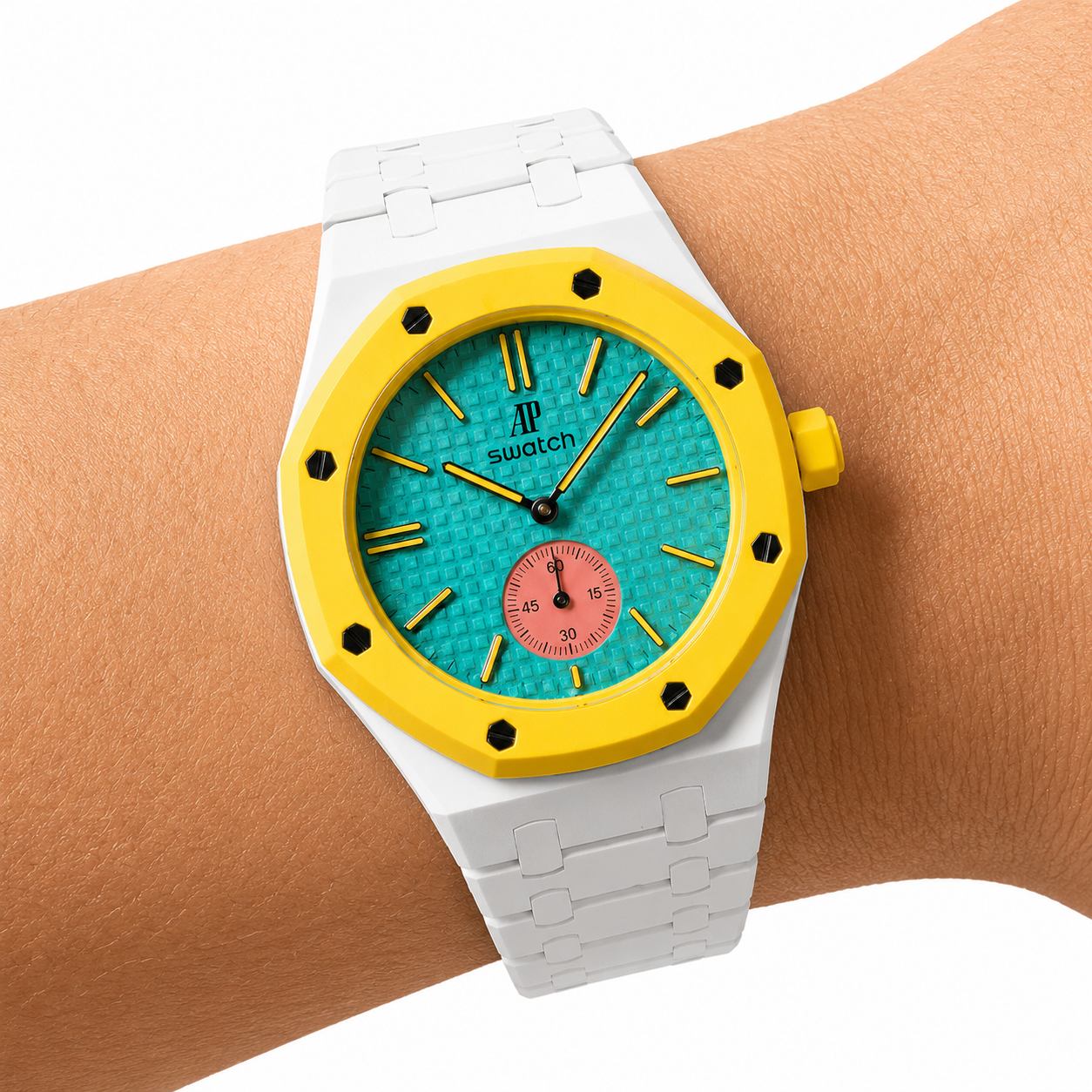 White Ceramic Link Strap & Case — for AP × Swatch Royal Pop (Crown at 3)