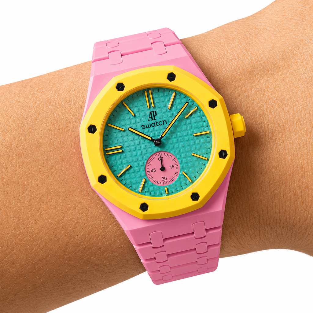 Pink Ceramic Link Strap & Case — for AP × Swatch Royal Pop (Crown at 3)