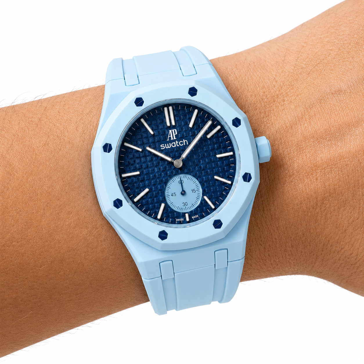 Light Blue Sport Rubber Strap & Case — for AP × Swatch Royal Pop (Crown at 3)