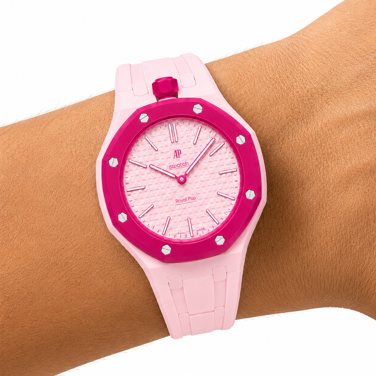 Light Pink Sport Rubber Strap & Case — for AP × Swatch Royal Pop (Crown at 12)