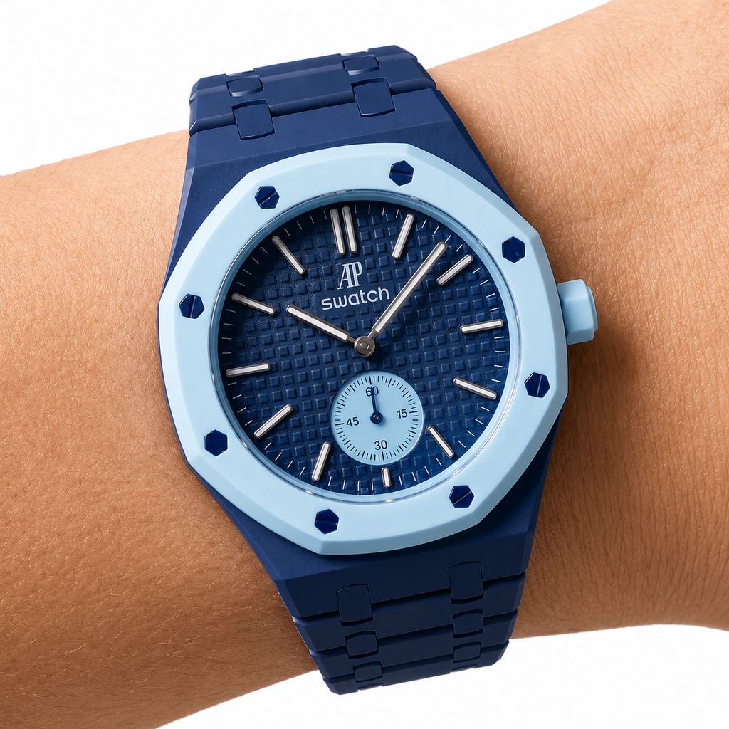 Dark Blue Ceramic Link Strap & Case — for AP × Swatch Royal Pop (Crown at 3)