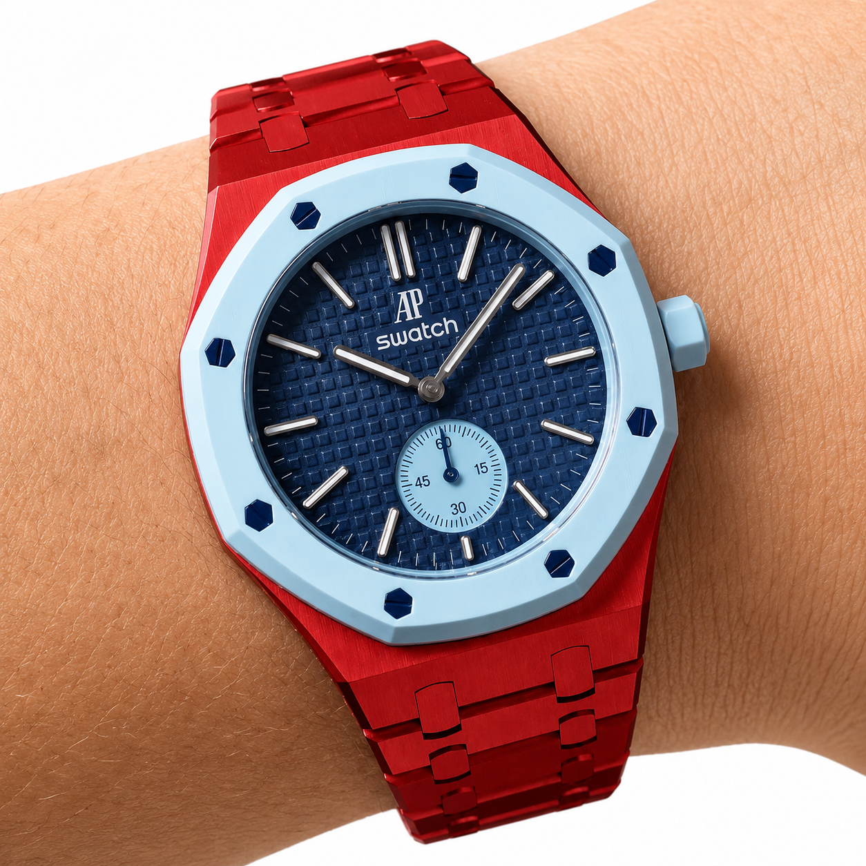 Red Ceramic Link Strap & Case — for AP × Swatch Royal Pop (Crown at 3)