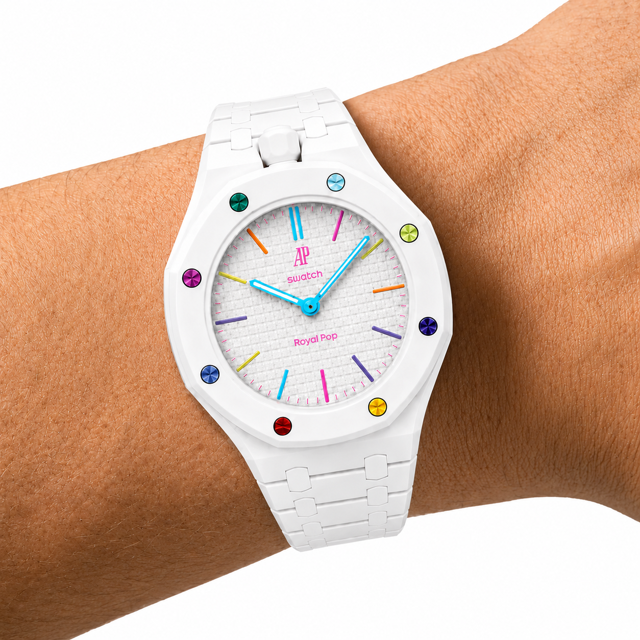 White Ceramic Link Strap & Case — for AP × Swatch Royal Pop (Crown at 12)